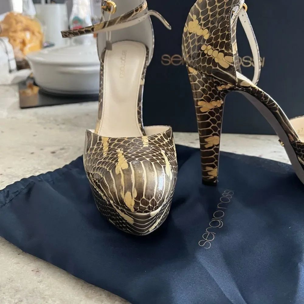 Sergio Rossi Brown & Cream Snake Patent Leather Platform Heel sz 41 or 10-1/2